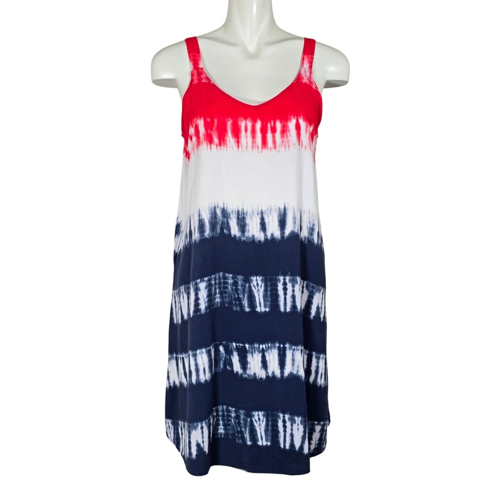 Sonoma Goods For Life Tie Dye Stripe Sleeveless Sun Dress Red White Blue M